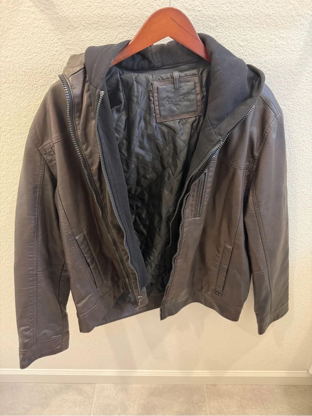 Calvin Klein Brown Leather Bomber Jacket with Black Quilted Hooded Liner
